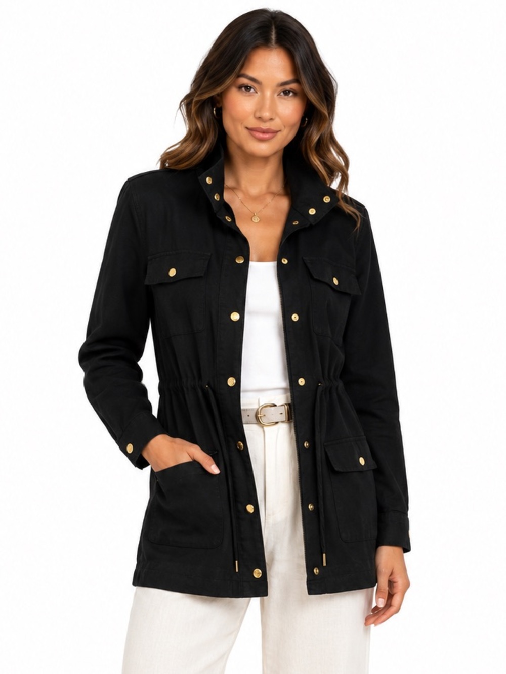 Anne Klein Black Linen Blend Utility Jacket M Gold Snap Safari Drawstring Waist